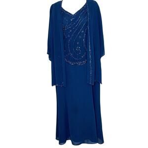 Vtg Night Scene Gown w Jacket 16/18 Blue Beaded Mother of the Bride Dress Formal